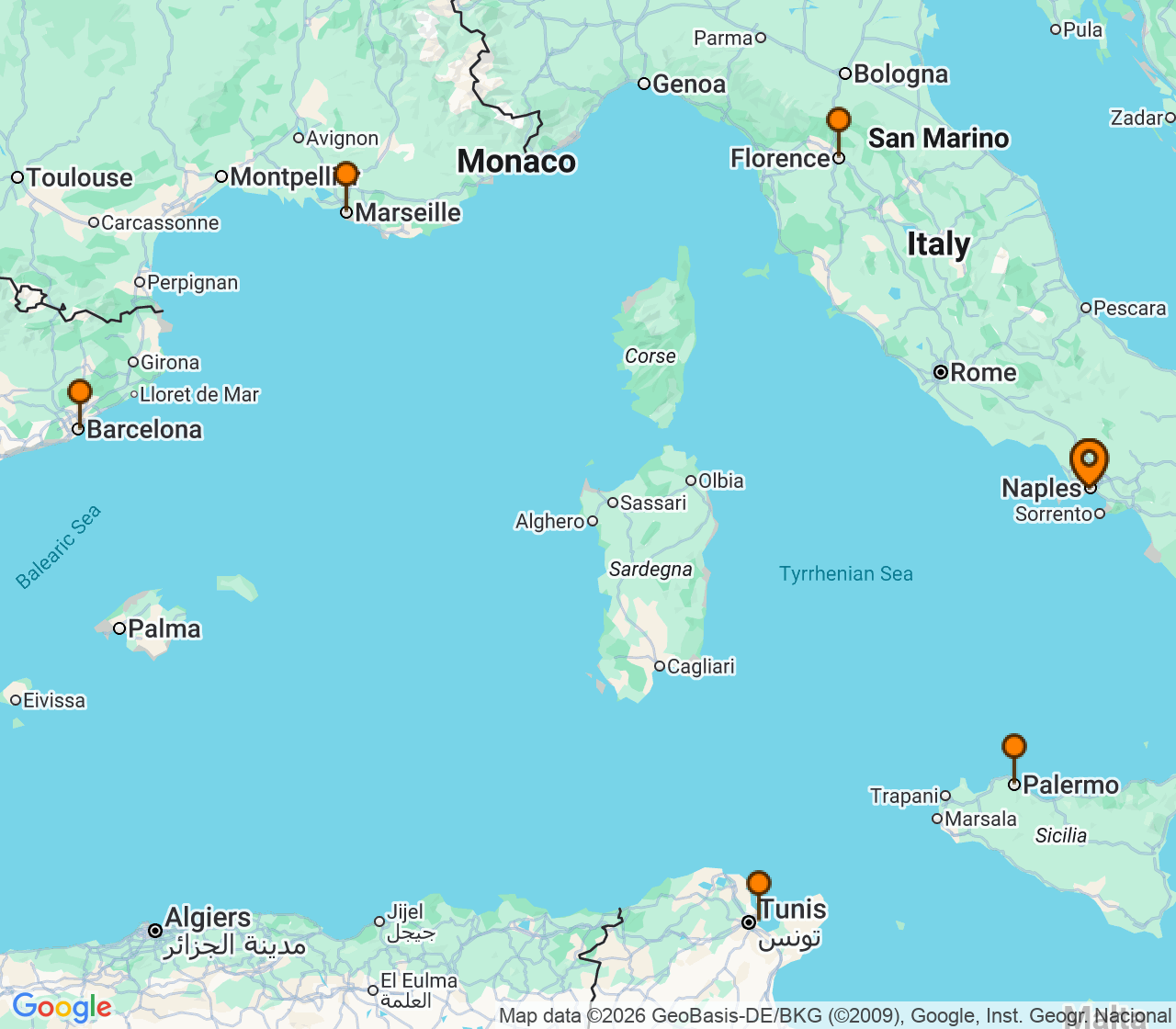 Harta itinerariu Croaziera 2026 - Mediterana (Napoli, Italia) - MSC Cruises - MSC Meraviglia - 7 nopti