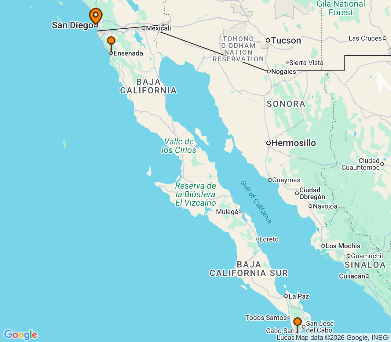 Harta itinerariu Croaziera 2028 - California si Riviera Mexicana (San Diego, CA) - Disney Cruise Line - Disney Wonder - 6 nopti
