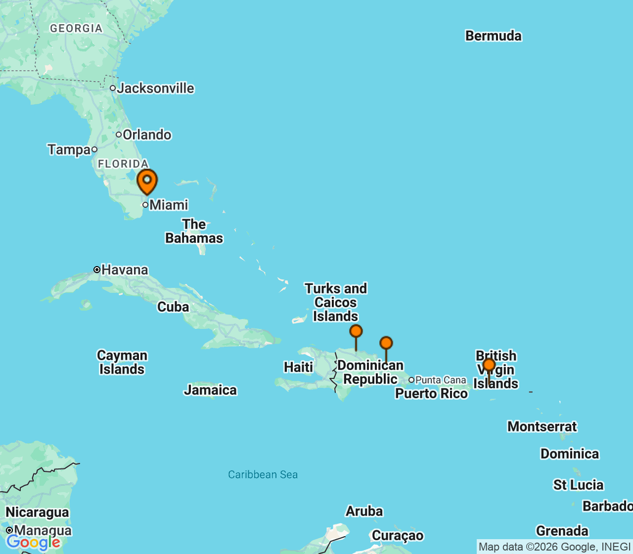 Harta itinerariu Croaziera 2027 - Caraibe si America Centrala (Fort Lauderdale, Florida) - Celebrity Cruises - Celebrity Beyond - 7 nopti
