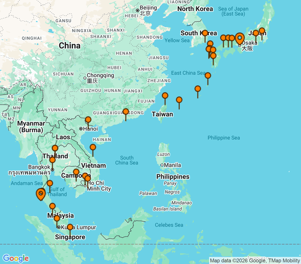 Harta itinerariu Croaziera 2029 - Asia (Orientul Indepartat) (Phuket, Thailanda) - Windstar Cruises - Star Seeker - 42 nopti