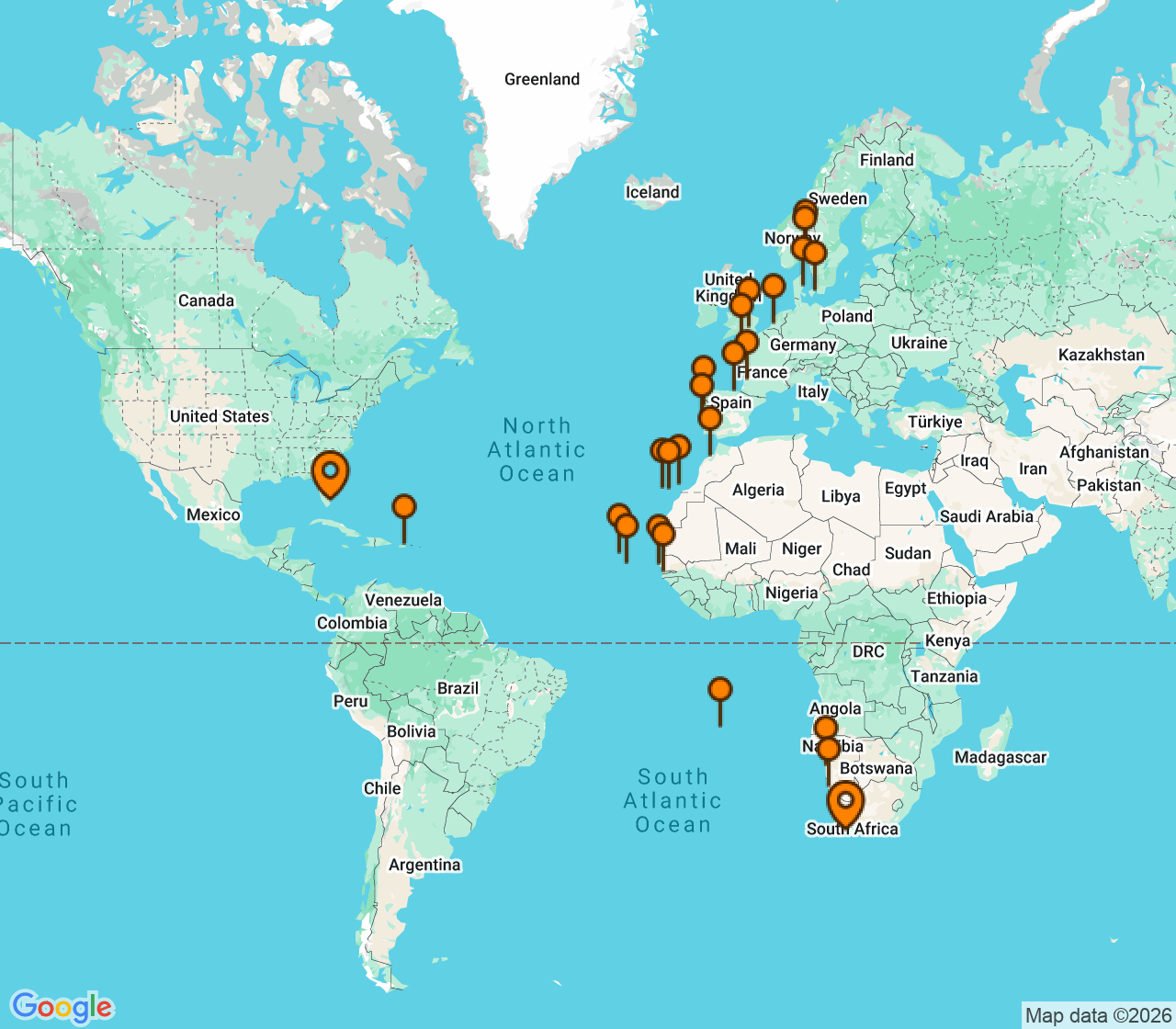 Harta itinerariu Croaziera 2027 - Grand Voyage si Tematice (Cape Town, Africa de Sud) - Holland America Line - Volendam - 54 nopti