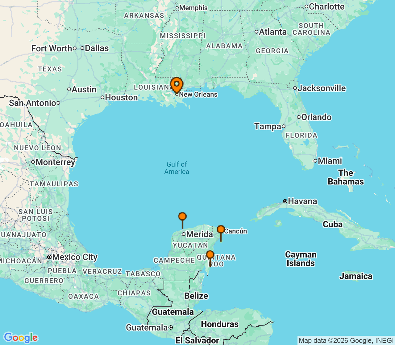 Harta itinerariu Croaziera 2028 - Caraibe si America Centrala (New Orleans, LA) - Royal Caribbean Cruise Line - Mariner of the Seas - 8 nopti