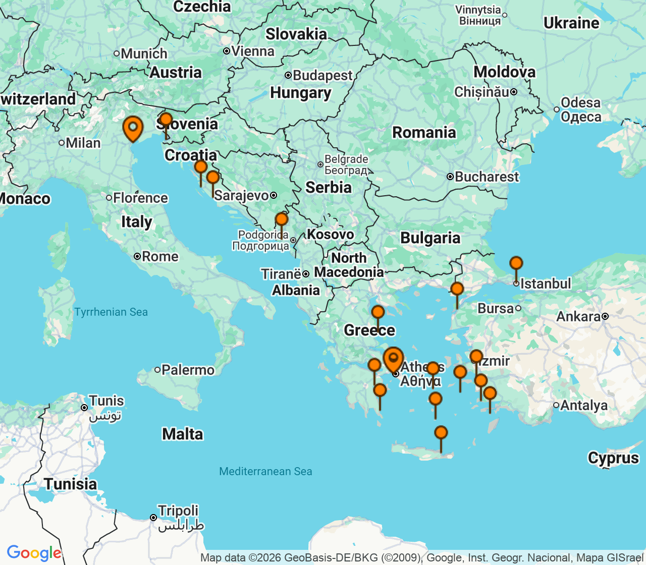 Harta itinerariu Croaziera 2028 - Mediterana (Atena (Piraeus), Grecia) - Seabourn - Seabourn Ovation - 21 nopti