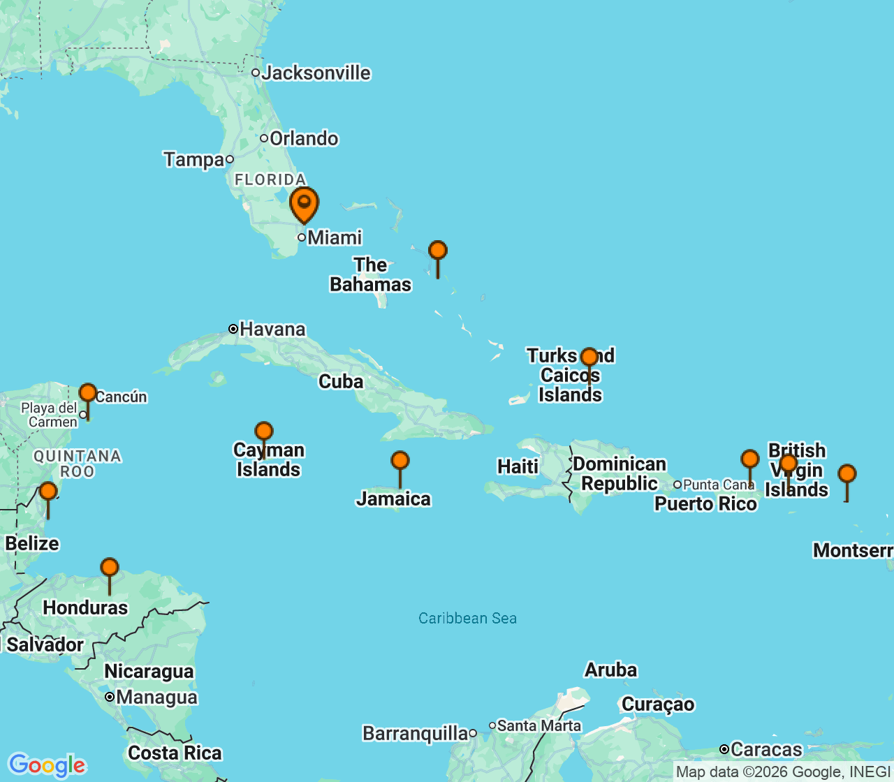 Harta itinerariu Croaziera 2027 - Caraibe si America Centrala (Fort Lauderdale, Florida) - Holland America Line - Eurodam - 18 nopti