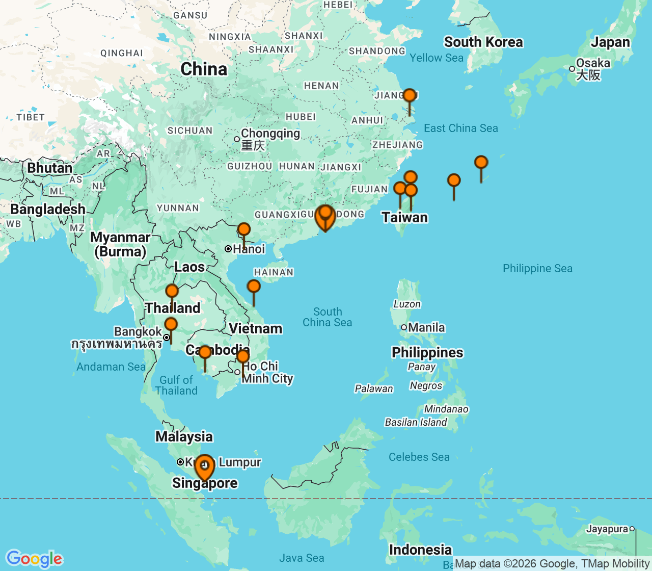 Harta itinerariu Croaziera 2028 - Asia (Orientul Indepartat) (Singapore) - Seabourn - Seabourn Encore - 26 nopti