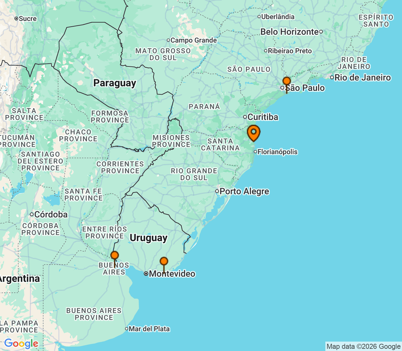 Harta itinerariu Croaziera 2027 - America de Sud (Camboriu, Brazilia) - MSC Cruises - MSC Meraviglia - 7 nopti