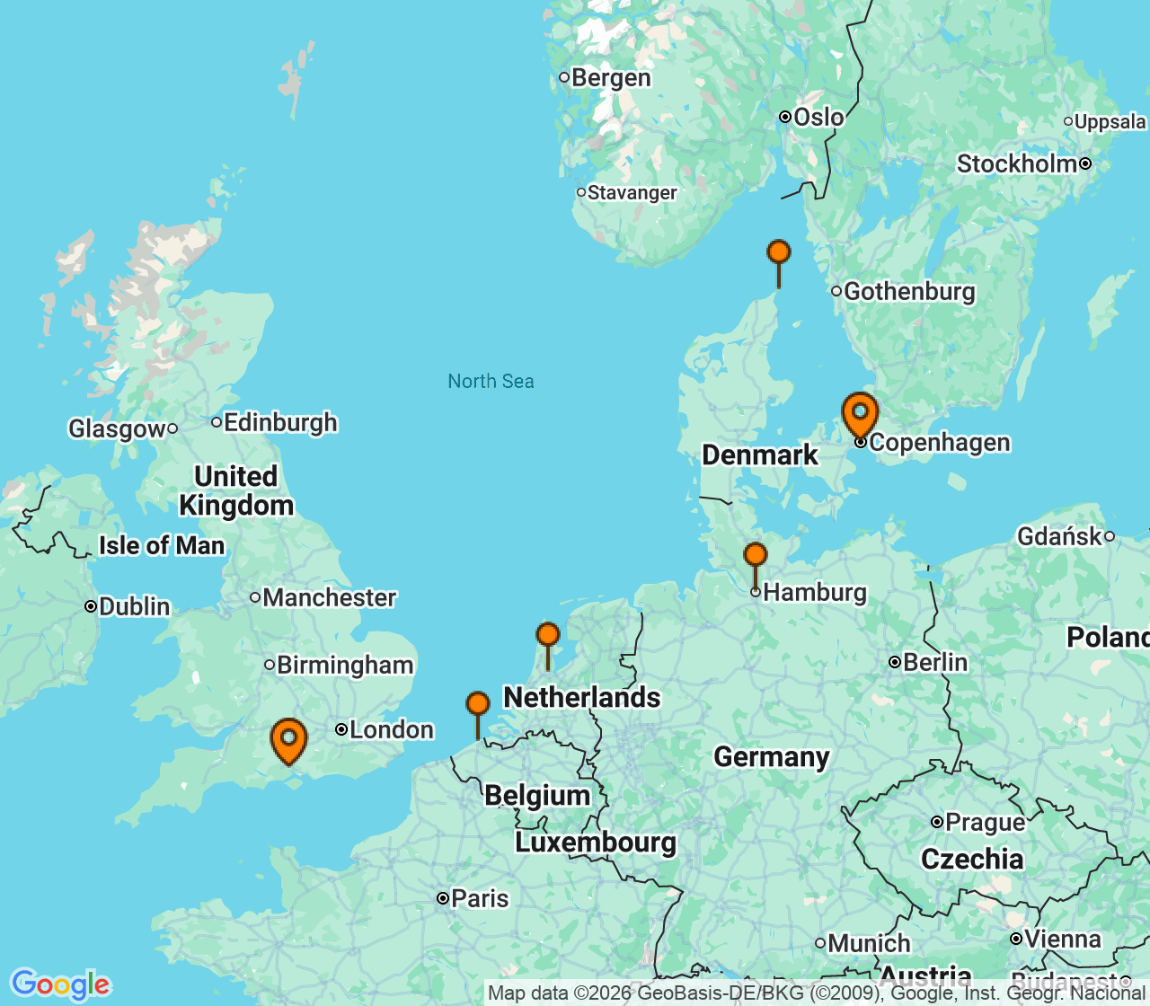 Harta itinerariu Croaziera 2027 - Europa de Nord (Southampton, Anglia) - Princess Cruises - Regal Princess - 7 nopti