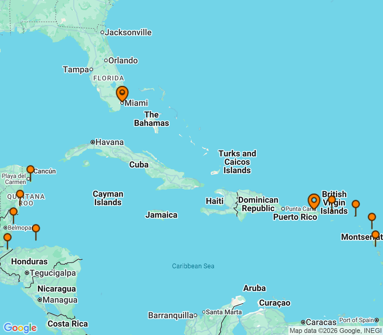 Harta itinerariu Croaziera 2026 - Caraibe si America Centrala (Miami, FL) - Explora Journeys - Explora I - 15 nopti