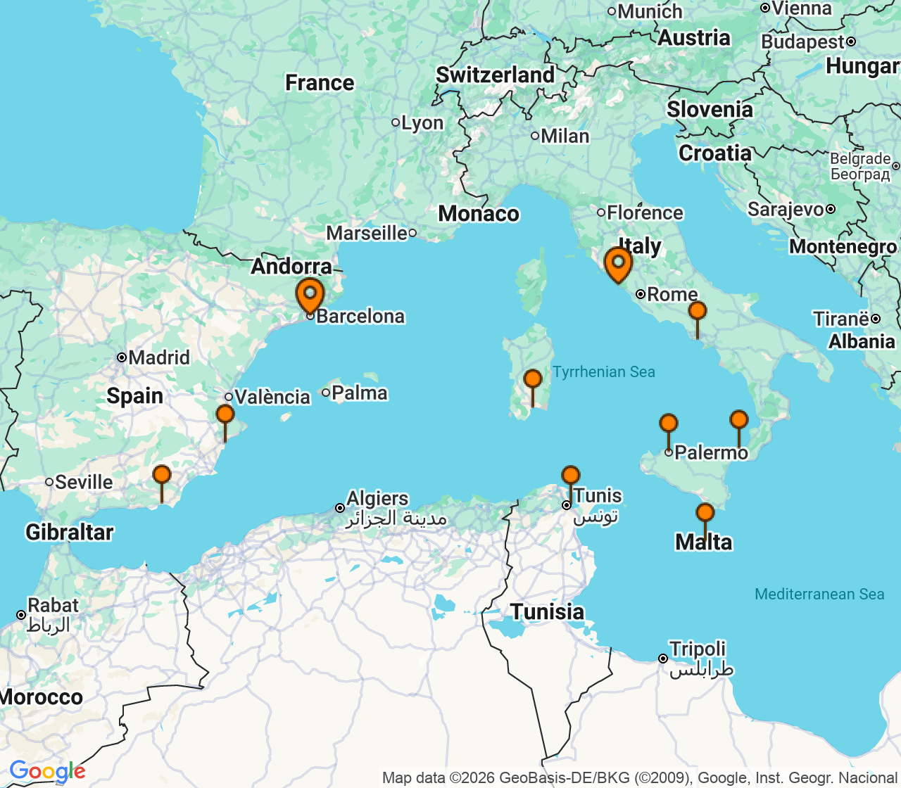 Harta itinerariu Croaziera 2028 - Mediterana (Barcelona, Spania) - Regent Seven Seas Cruises - Seven Seas Voyager - 11 nopti