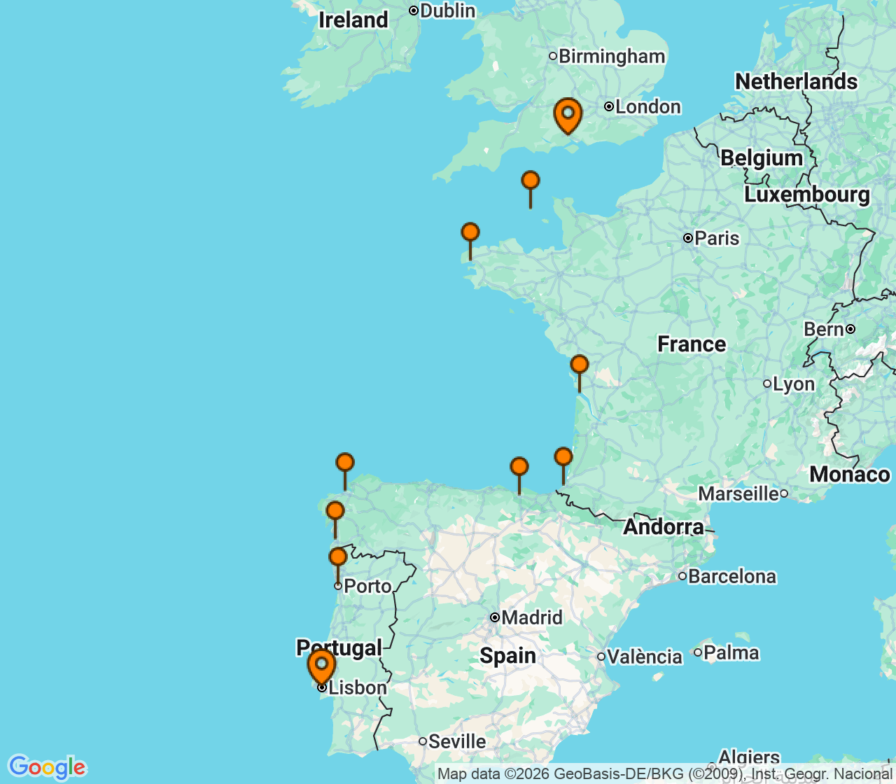 Harta itinerariu Croaziera 2027 - Europa de Nord (Lisabona, Portugalia) - Oceania Cruises - Sirena - 9 nopti