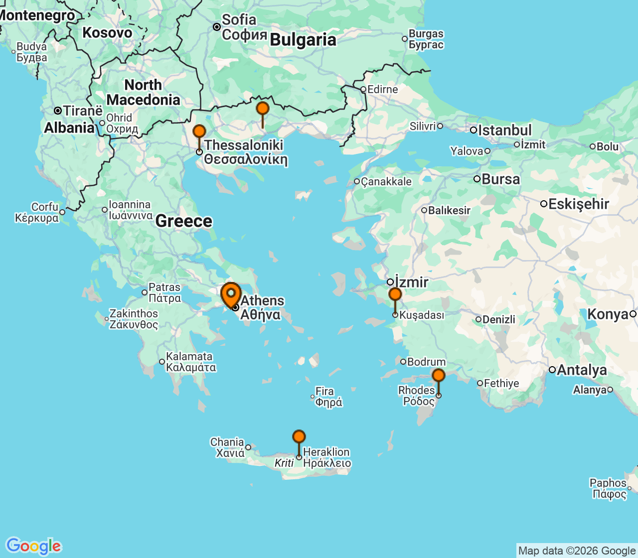 Harta itinerariu Croaziera 2027 - Mediterana (Atena (Piraeus), Grecia) - Celebrity Cruises - Celebrity Infinity - 10 nopti