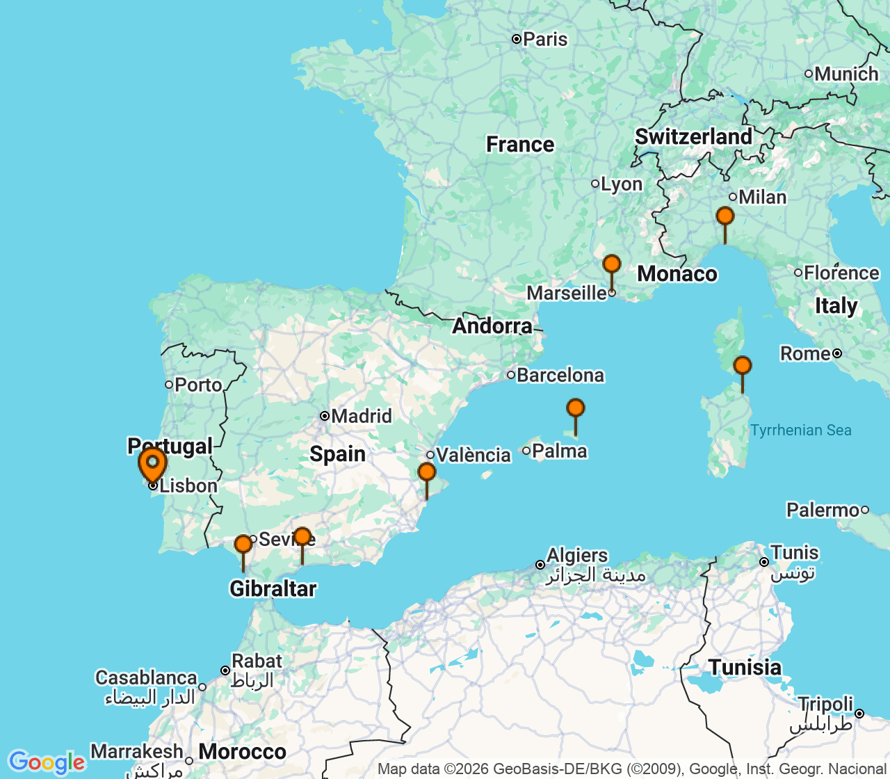 Harta itinerariu Croaziera 2027 - Mediterana (Lisabona, Portugalia) - MSC Cruises - MSC Sinfonia - 10 nopti