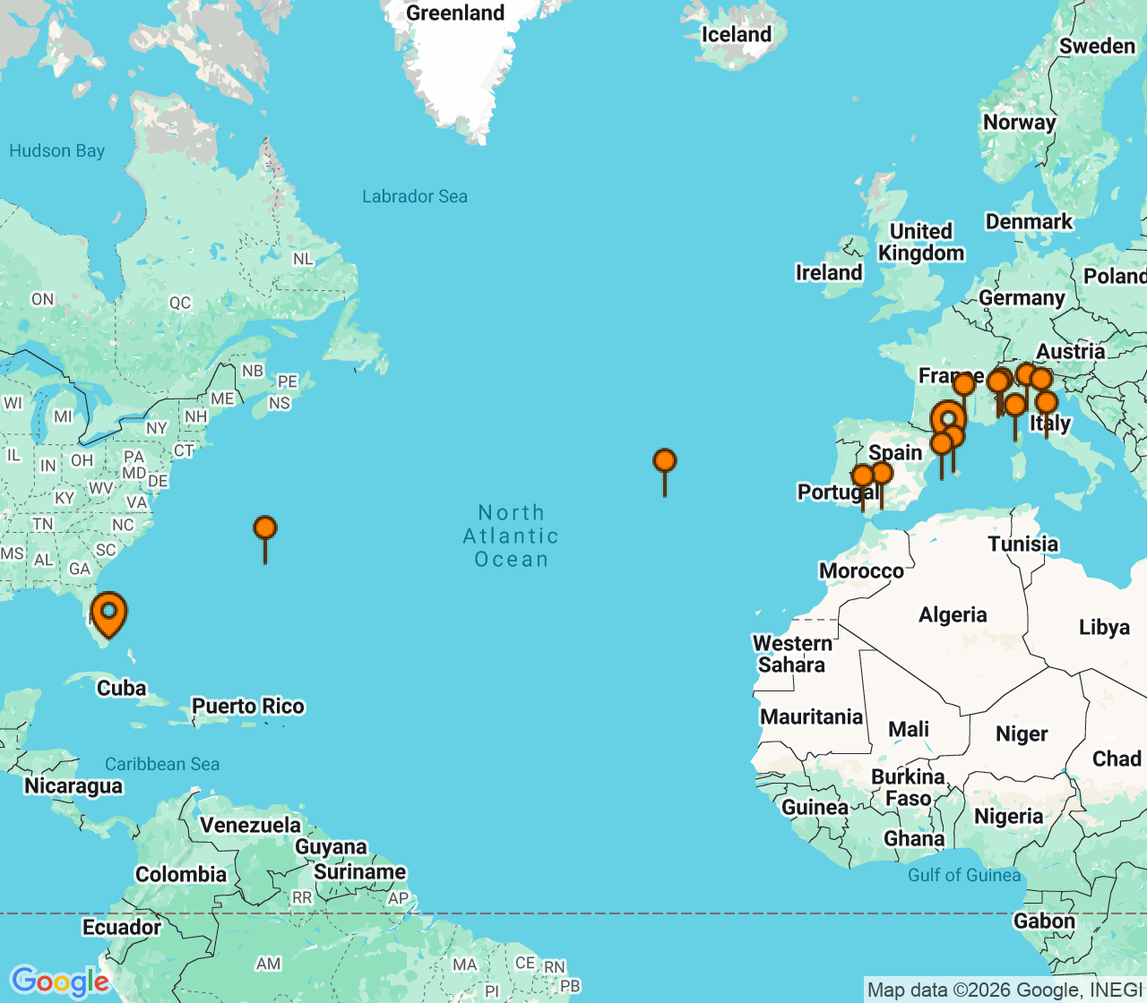 Harta itinerariu Croaziera 2028 - Repozitionari si Transoceanic (Miami, FL) - Oceania Cruises - Marina - 23 nopti