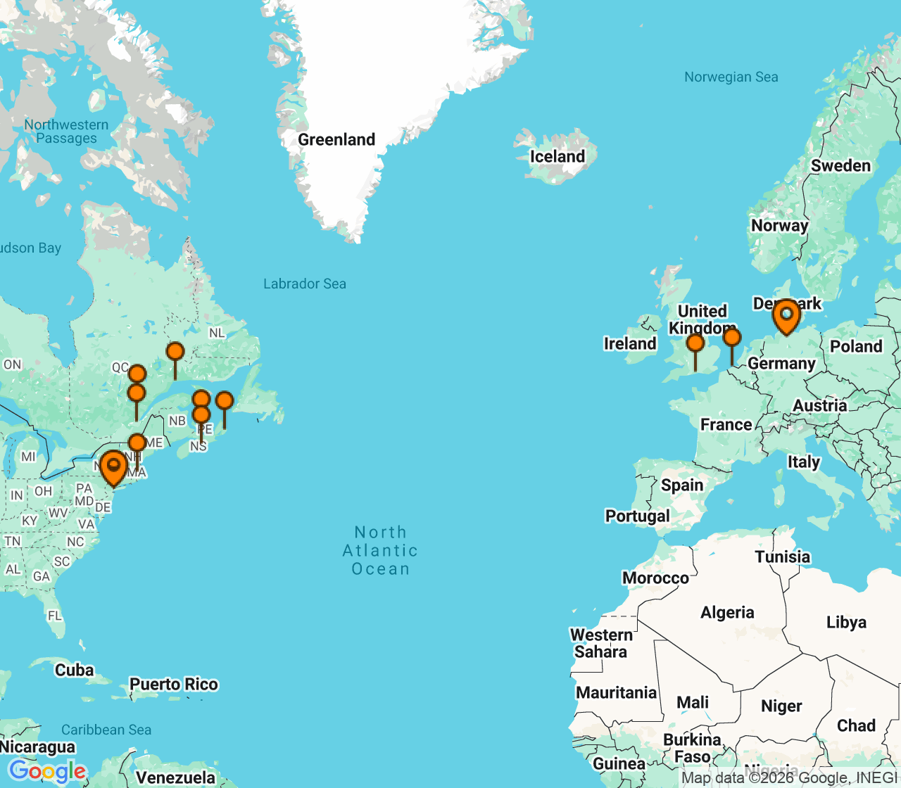 Harta itinerariu Croaziera 2027 - Canada si Noua Anglie (New York (Brooklyn), NY) - Cunard Line - Queen Mary 2 - 24 nopti