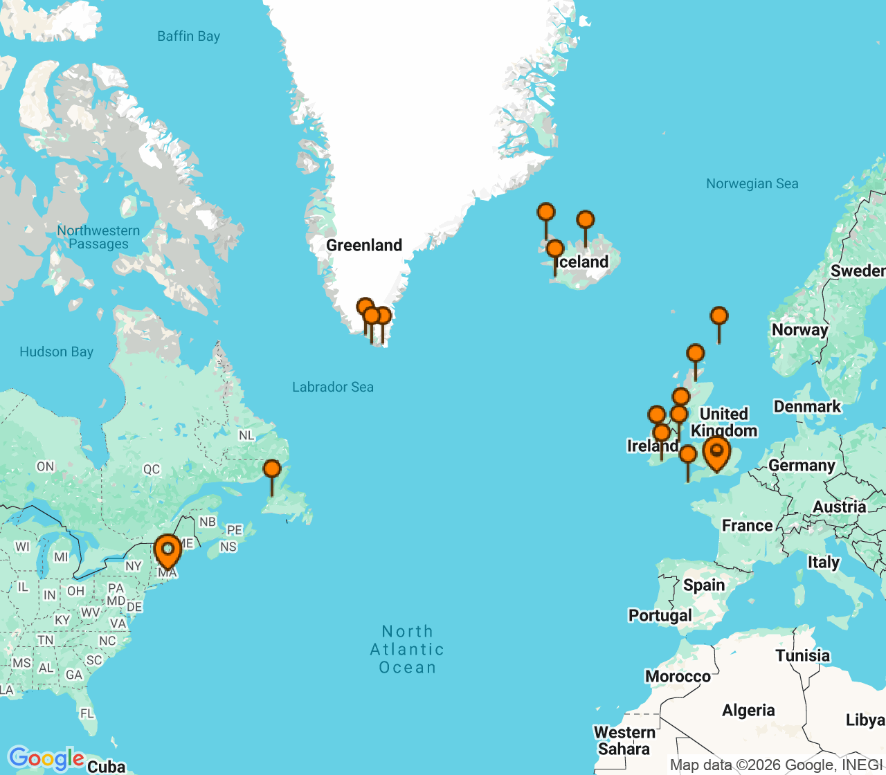 Harta itinerariu Croaziera 2028 - Europa de Nord (Southampton, Anglia) - Princess Cruises - Caribbean Princess - 26 nopti