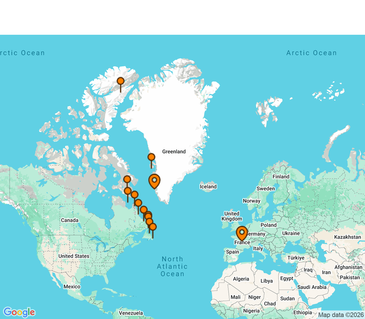 Harta itinerariu Croaziera 2027 - Europa de Nord (Nuuk, Groenlanda) - Ponant - Le Lyrial - 14 nopti
