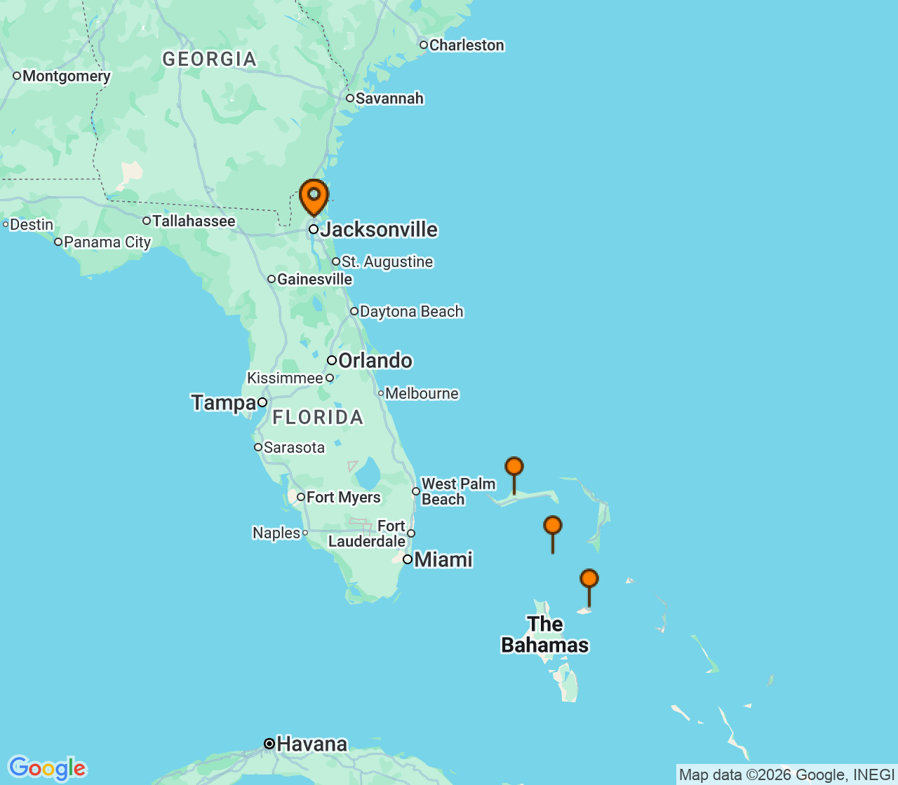 Harta itinerariu Croaziera 2026 - Caraibe si America Centrala (Jacksonville, FL) - Norwegian Cruise Line - Norwegian Dawn - 5 nopti