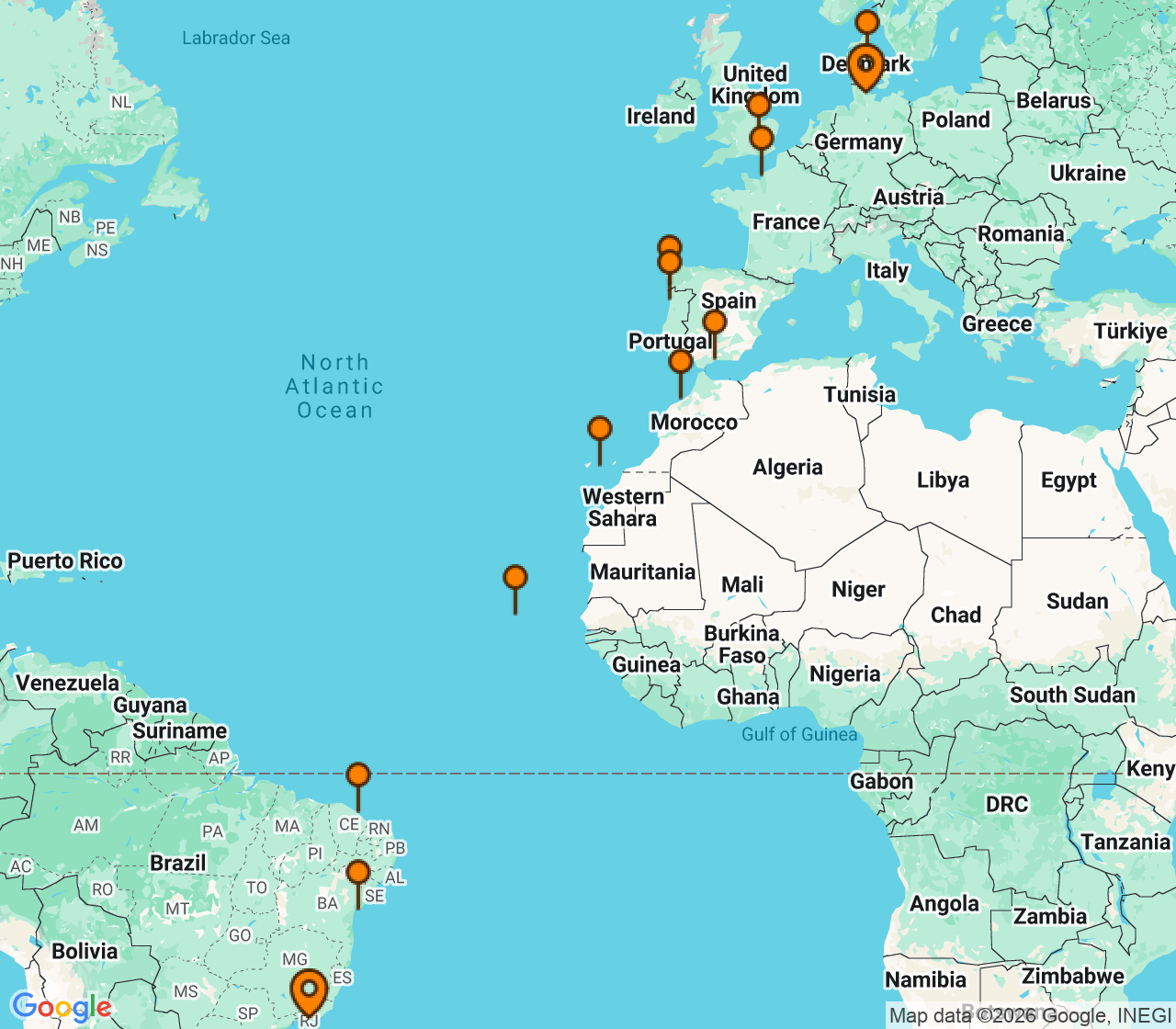 Harta itinerariu Croaziera 2027 - Repozitionari si Transoceanic (Rio de Janeiro, Brazilia) - Costa Cruises - Costa Diadema - 25 nopti