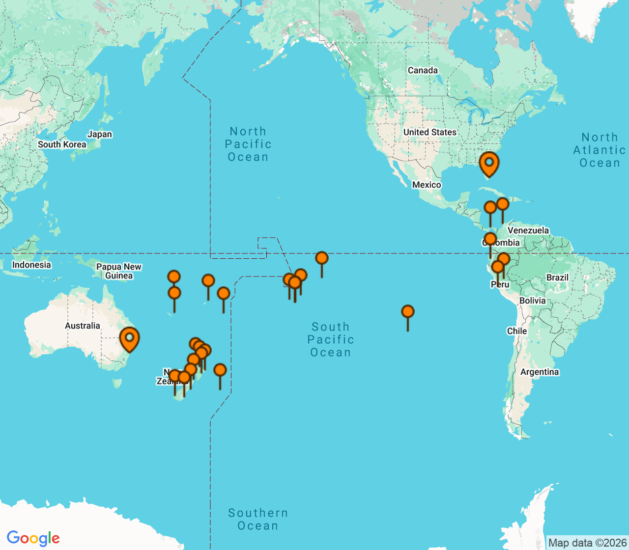 Harta itinerariu Croaziera 2029 - Grand Voyage si Tematice (Miami, FL) - Seabourn - Seabourn Quest - 58 nopti