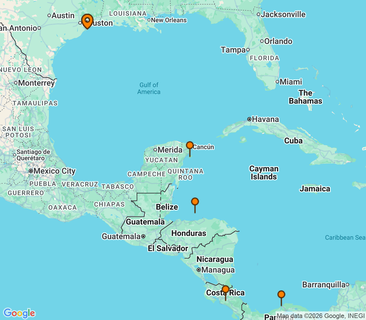 Harta itinerariu Croaziera 2027 - Caraibe si America Centrala (Galveston, TX) - Carnival Cruise Line - Carnival Sunshine - 10 nopti