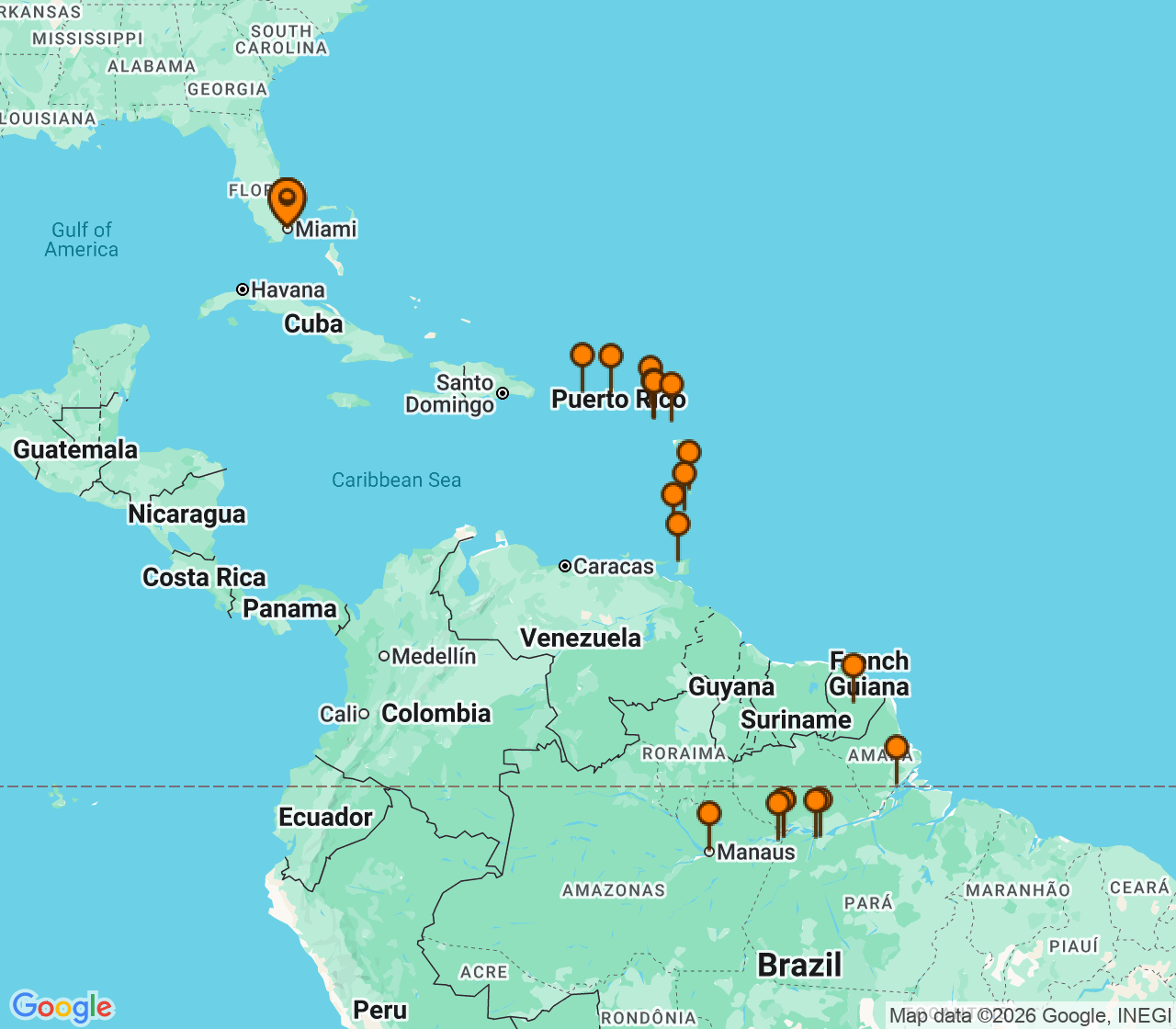 Harta itinerariu Croaziera 2028 - America de Sud (Miami, FL) - Seabourn - Seabourn Quest - 38 nopti