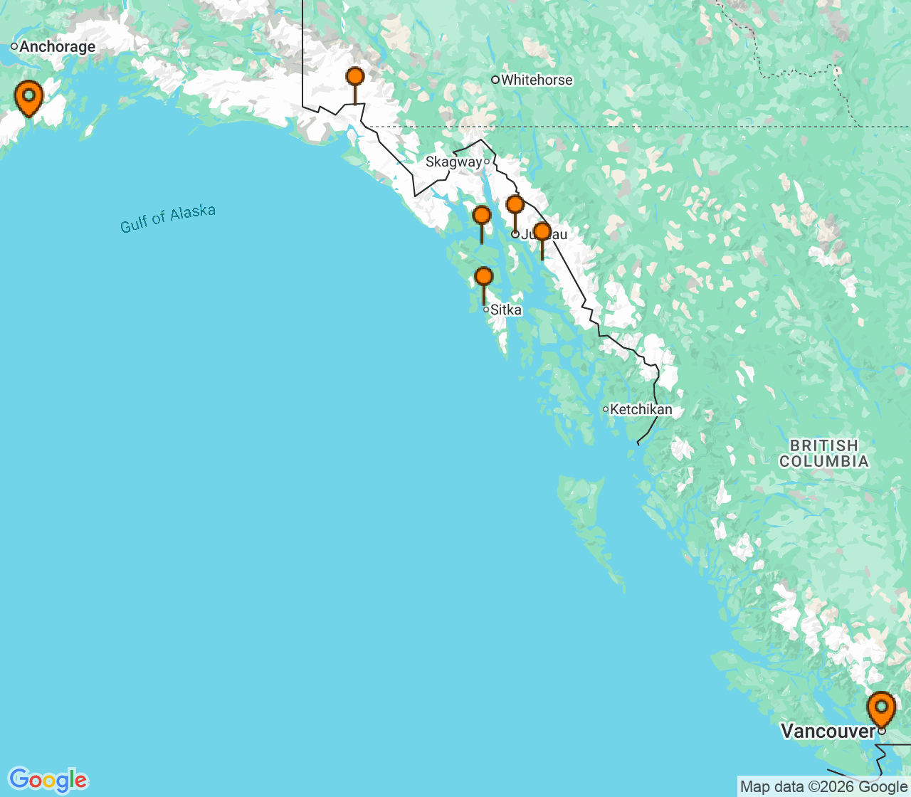 Harta itinerariu Croaziera 2027 - Alaska (Vancouver, Canada) - Celebrity Cruises - Celebrity Solstice - 7 nopti