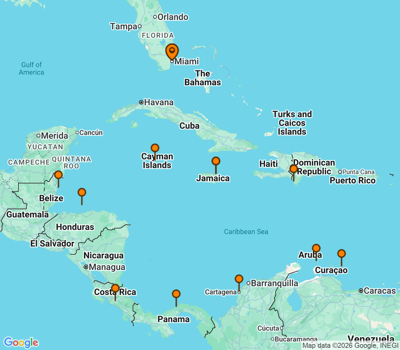Harta itinerariu Croaziera 2028 - Caraibe si America Centrala (Miami, FL) - MSC Cruises - MSC Poesia - 21 nopti