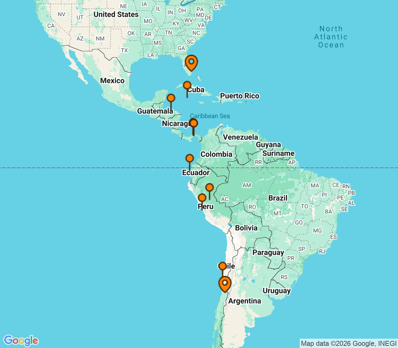 Harta itinerariu Croaziera 2027 - America de Sud (Santiago (San Antonio), Chile) - Holland America Line - Oosterdam - 16 nopti