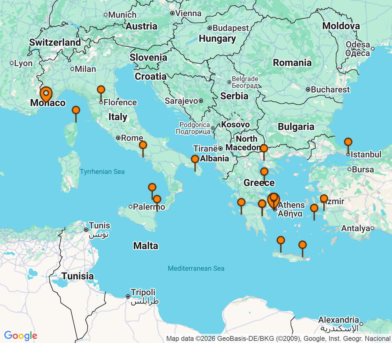 Harta itinerariu Croaziera 2028 - Mediterana (Nice (Villefranche), Franta) - Silversea Cruises - Silver Shadow - 24 nopti