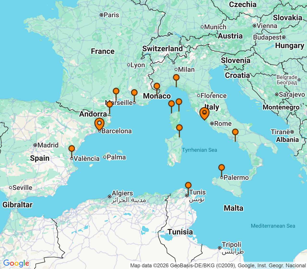 Harta itinerariu Croaziera 2027 - Mediterana (Roma (Civitavecchia), Italia) - Seabourn - Seabourn Ovation - 16 nopti
