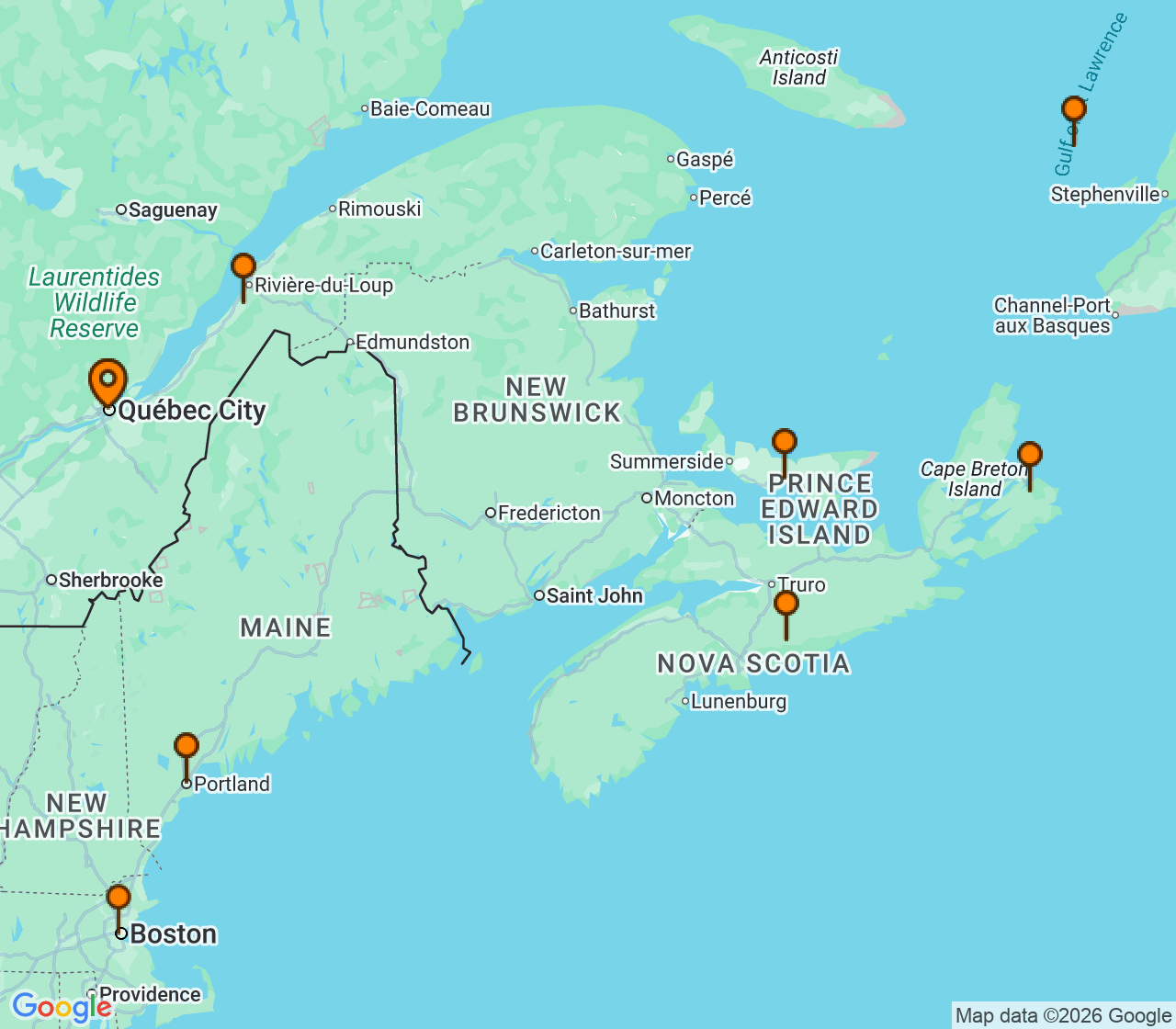 Harta itinerariu Croaziera 2027 - Canada si Noua Anglie (Orasul Quebec, Canada) - Holland America Line - Zuiderdam - 14 nopti