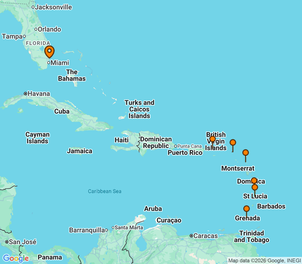 Harta itinerariu Croaziera 2027 - Caraibe si America Centrala (Fort Lauderdale, Florida) - Celebrity Cruises - Celebrity Ascent - 11 nopti