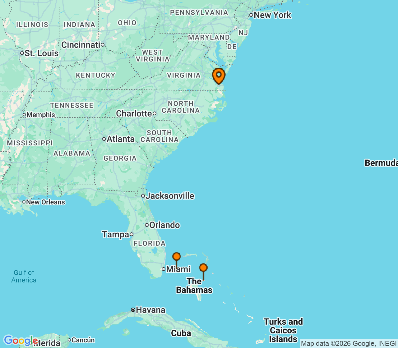 Harta itinerariu Croaziera 2027 - Caraibe si America Centrala (Norfolk, SUA) - Carnival Cruise Line - Carnival Sunshine - 5 nopti