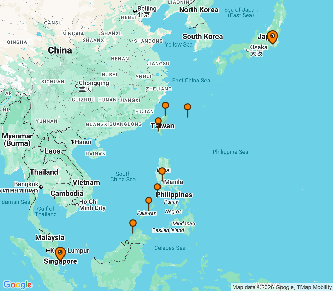 Harta itinerariu Croaziera 2027 - Asia (Orientul Indepartat) (Tokyo (Yokohama), Japonia) - Oceania Cruises - Vista - 14 nopti