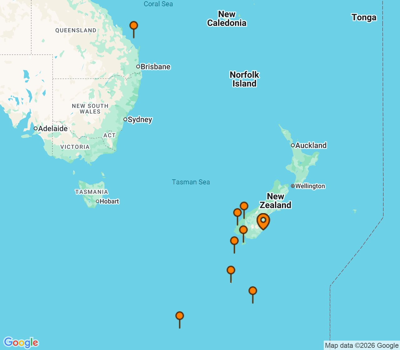 Harta itinerariu Croaziera 2026 - Grand Voyage si Tematice (Dunedin (Port Chalmers), Noua Zeelanda) - Ponant - Le Soleal - 14 nopti