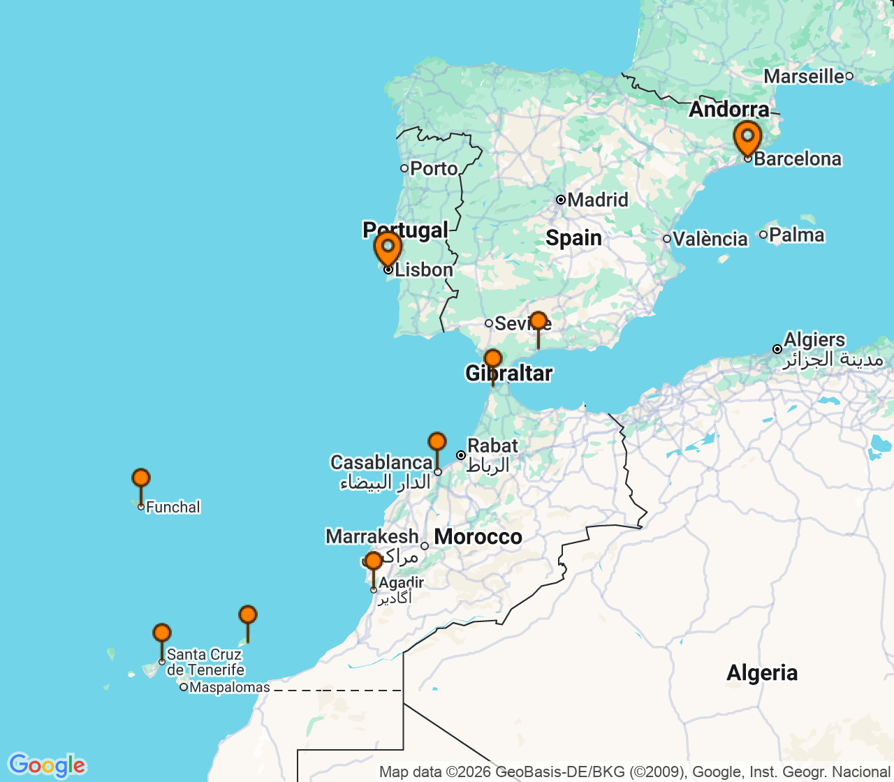 Harta itinerariu Croaziera 2027 - Mediterana (Lisabona, Portugalia) - Regent Seven Seas Cruises - Seven Seas Voyager - 10 nopti