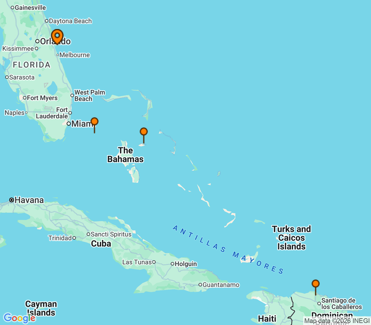 Harta itinerariu Croaziera 2026 - Caraibe si America Centrala (Port Canaveral, FL) - MSC Cruises - MSC Seashore - 7 nopti