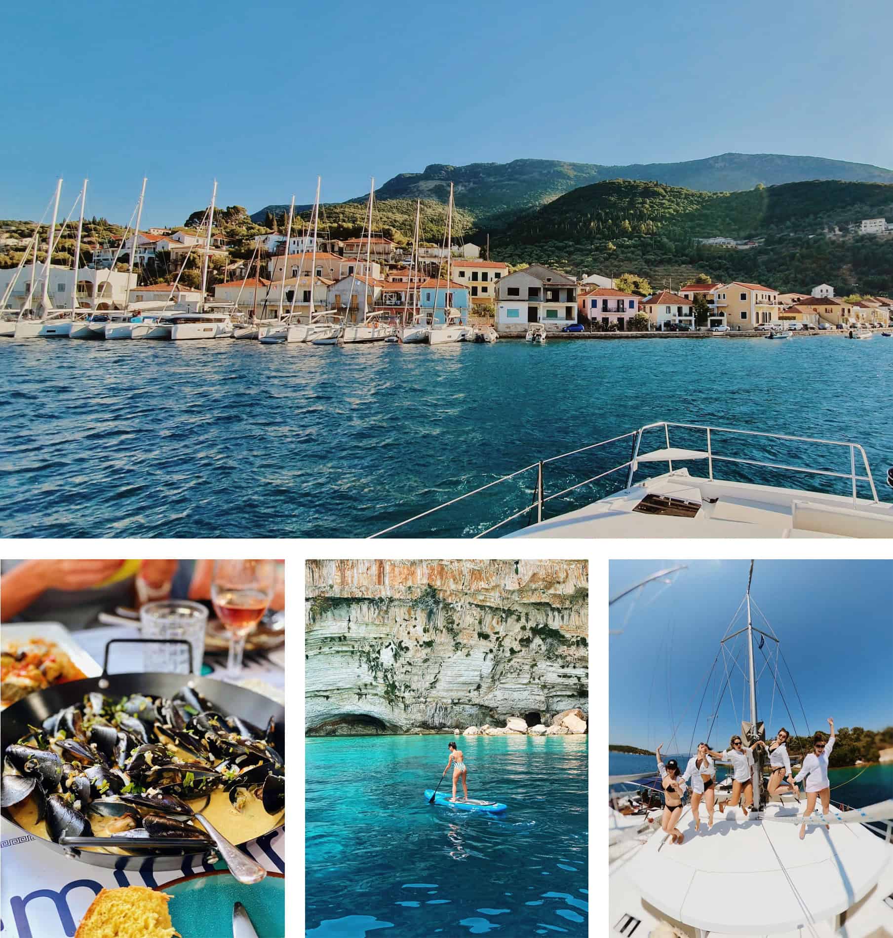 Oameni relaxându-se pe puntea unui catamaran